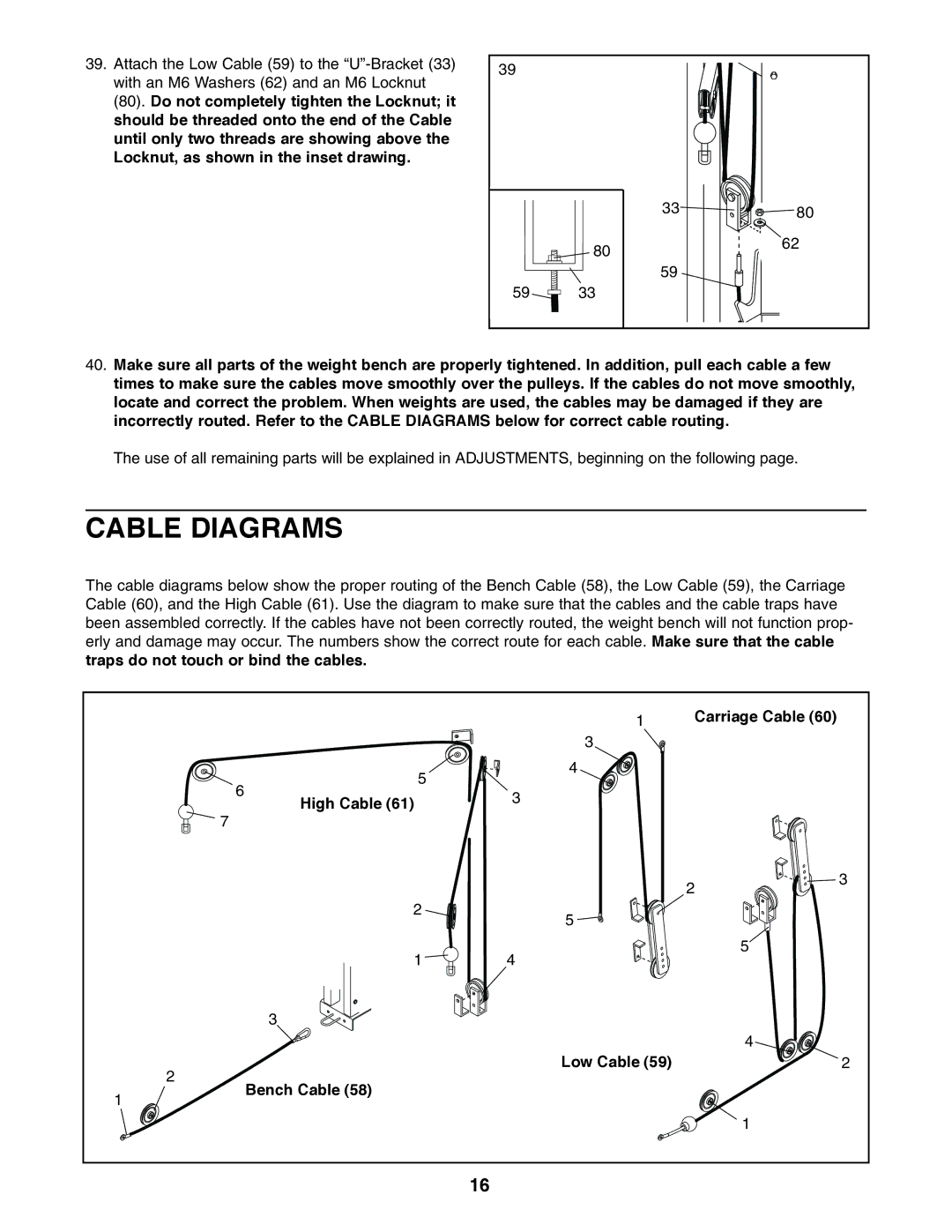 Weider PRO 575 user manual Cable Diagrams, Carriage Cable High Cable Low Cable Bench Cable 