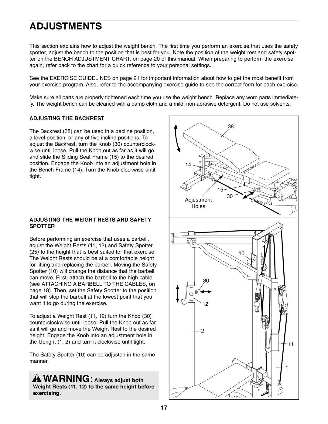 Weider PRO 575 user manual Adjustments, Adjusting the Backrest, Adjusting the Weight Rests and Safety Spotter 