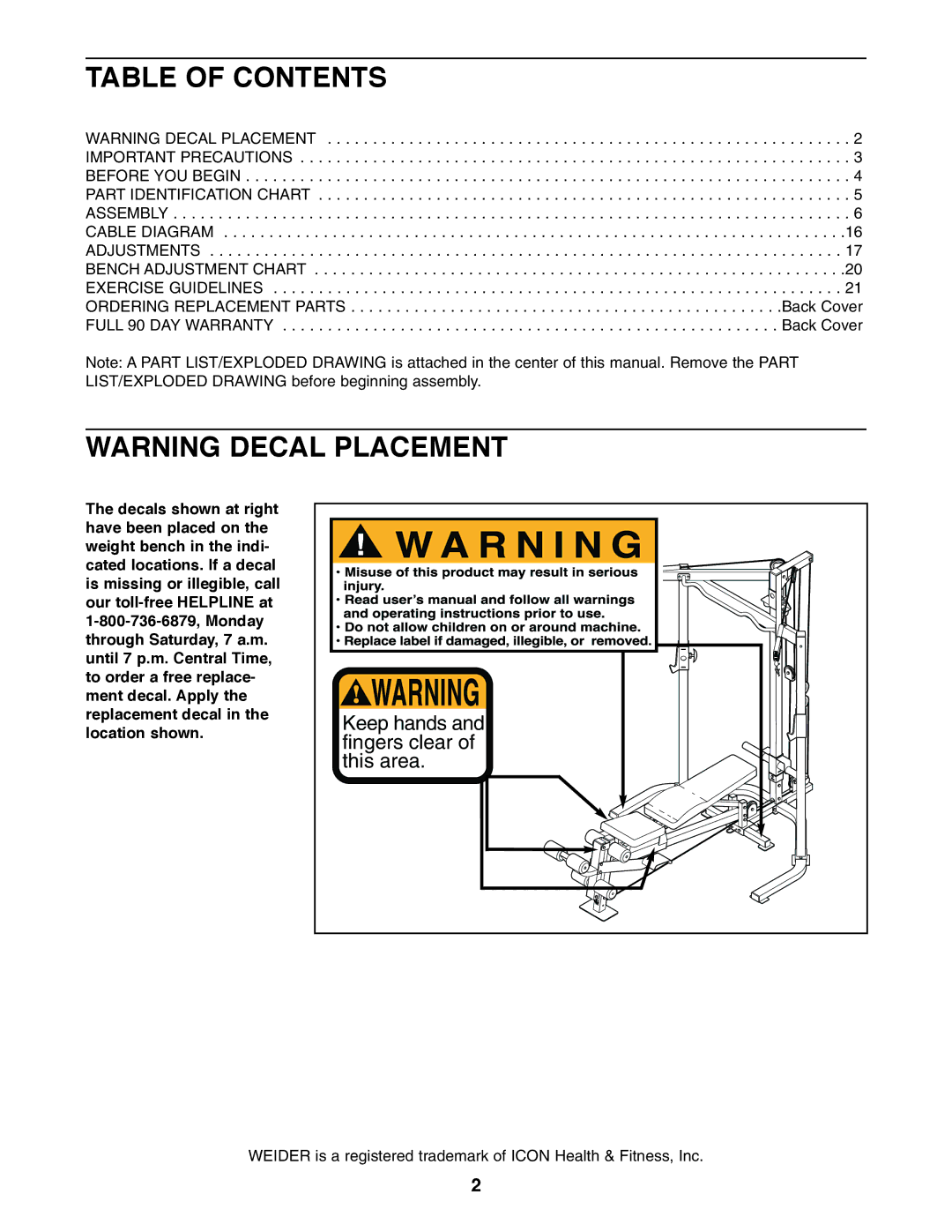 Weider PRO 575 user manual Table of Contents 