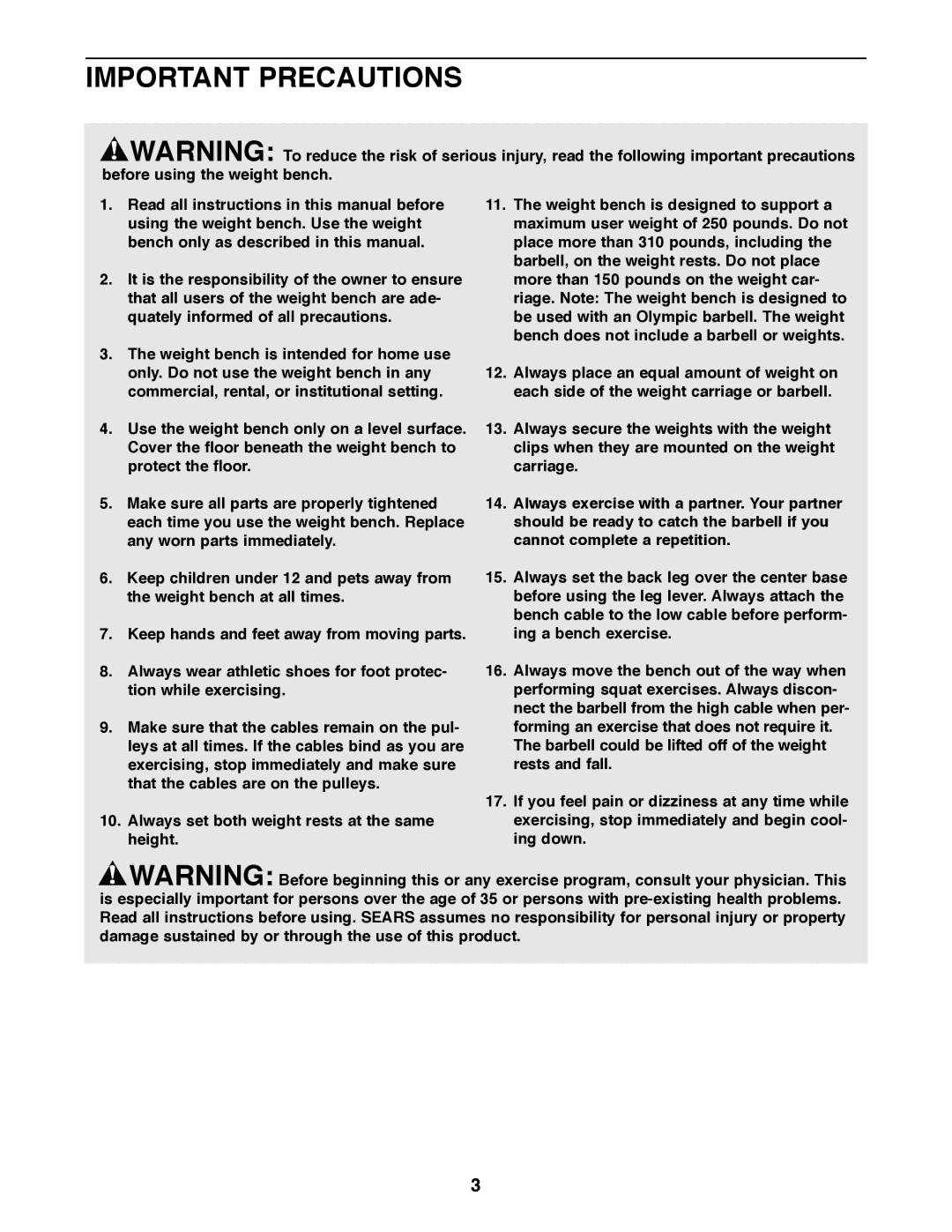 Weider PRO 575 user manual Important Precautions 