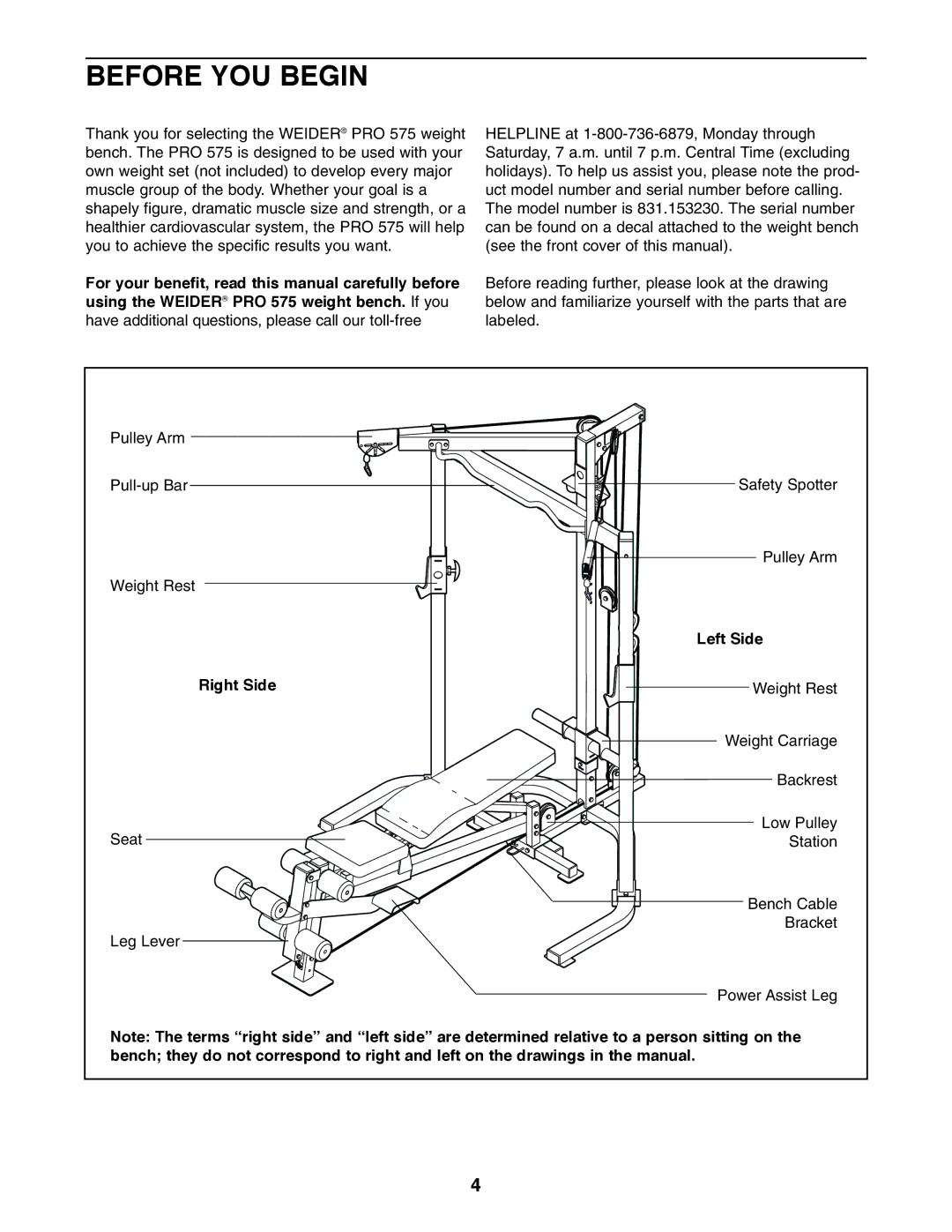 Weider PRO 575 user manual Before YOU Begin, Right Side, Left Side 