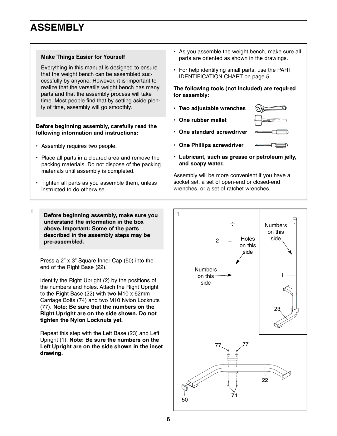 Weider PRO 575 Assembly, Make Things Easier for Yourself, Left Upright are on the side shown in the inset drawing 