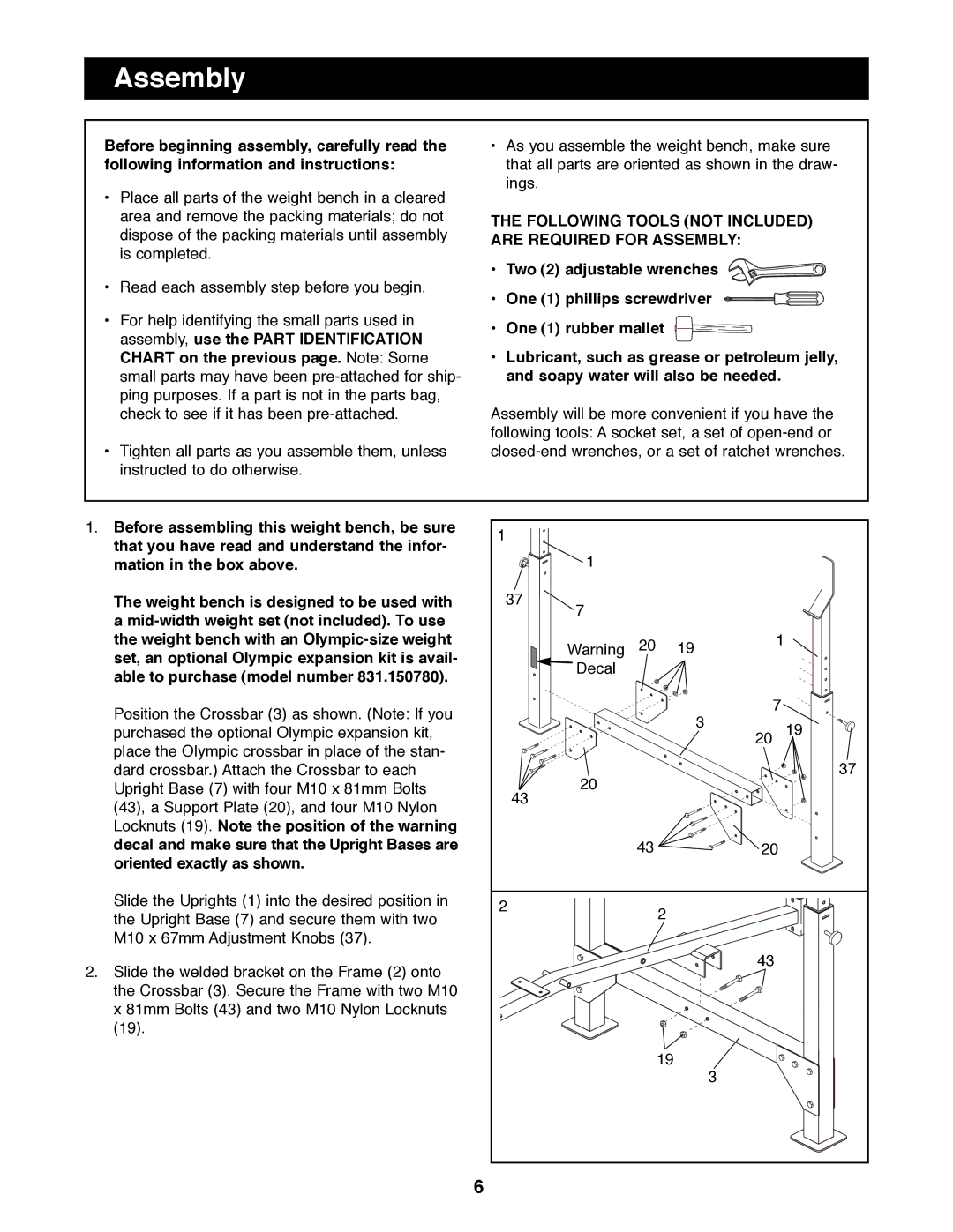 Weider PRO 900 manual Following Tools not Included are Required for Assembly 