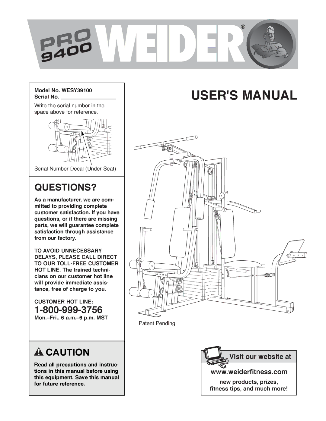 Weider PRO 9400 user manual Questions?, Model No. WESY39100 Serial No, Customer HOT Line 