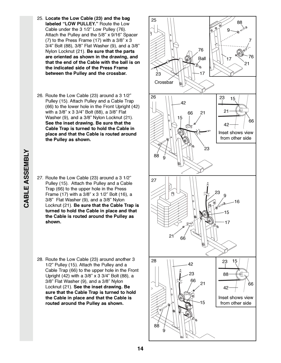 Weider PRO 9400 user manual Assembly, Cable 