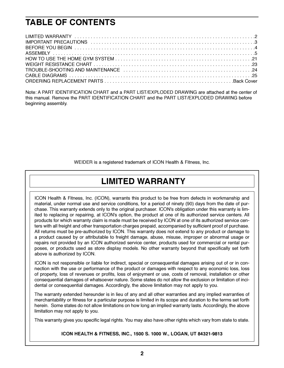 Weider PRO 9400 user manual Table of Contents, Limited Warranty 