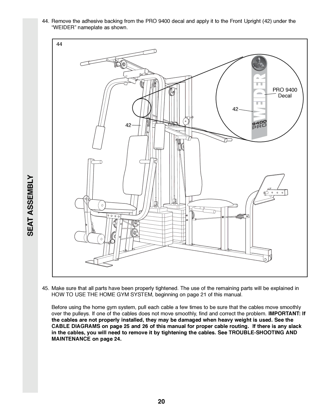 Weider PRO 9400 user manual Seat Assembly 