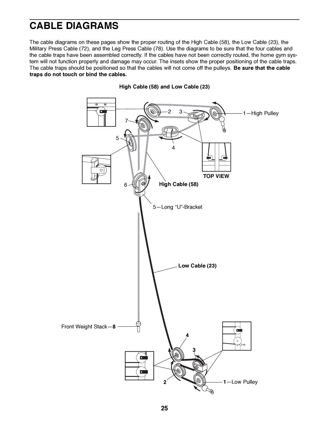 Weider PRO 9400 user manual Cable Diagrams, High Cable 58 and Low Cable, TOP View 