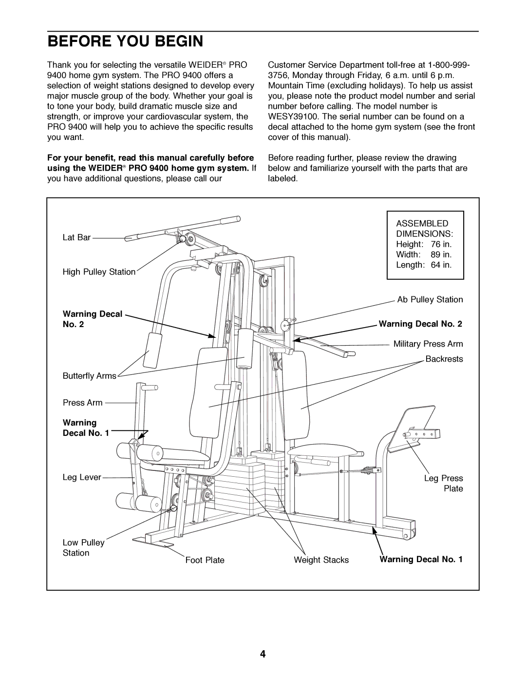 Weider PRO 9400 user manual Before YOU Begin, Decal No 