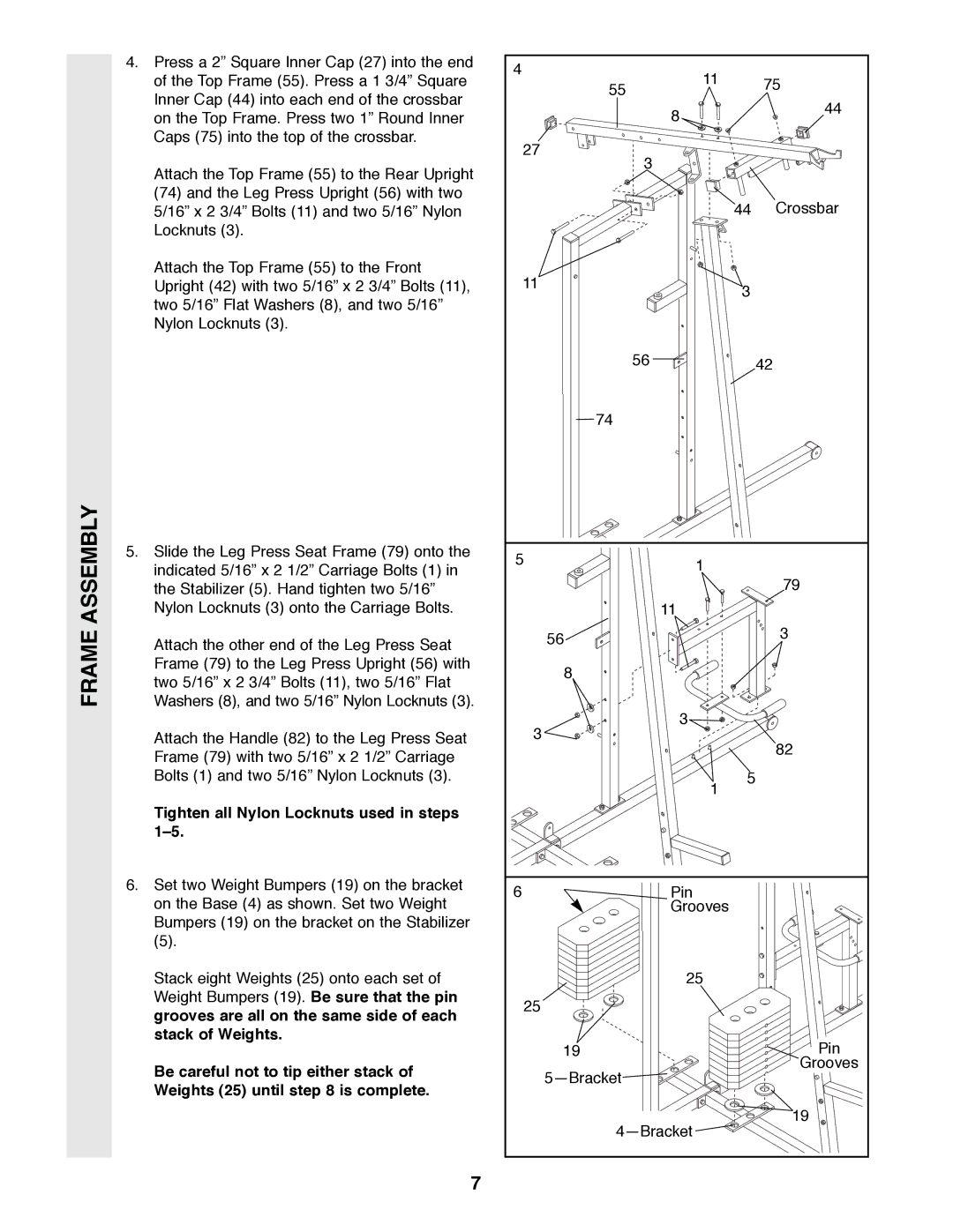 Weider PRO 9400 user manual Tighten all Nylon Locknuts used in steps 1Ð5 