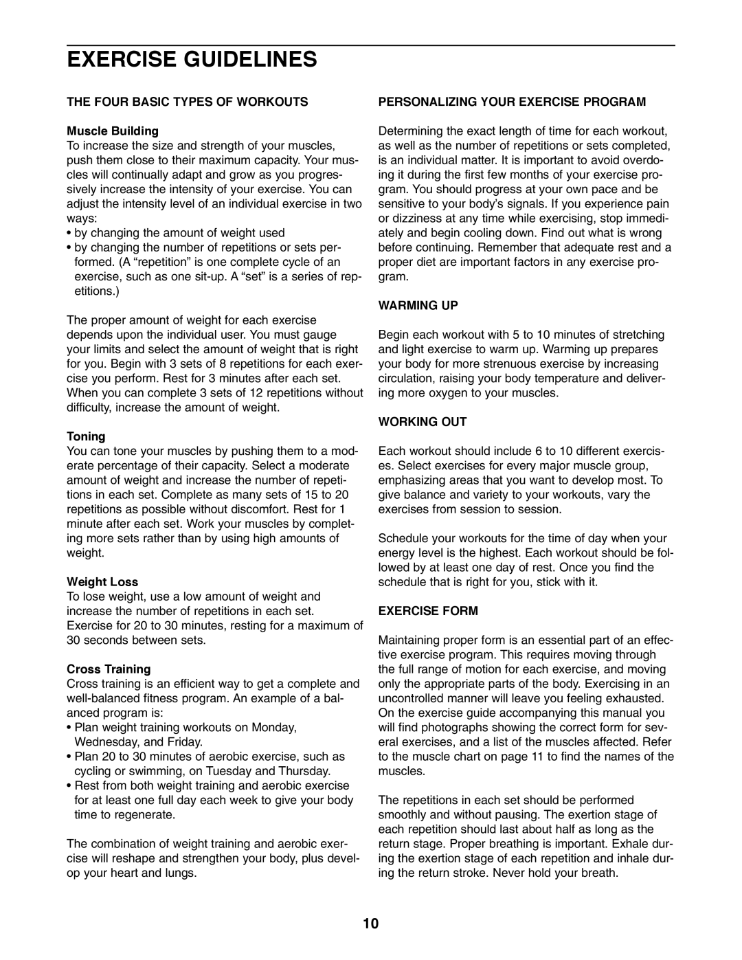 Weider Pro XT 10 user manual Exercise Guidelines 