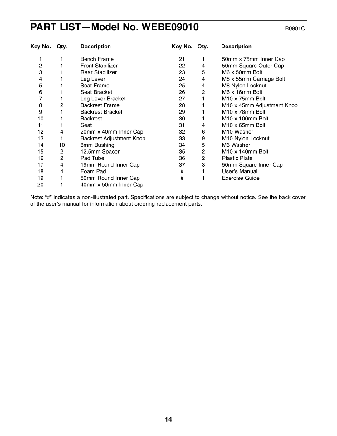 Weider Pro XT 10 user manual Part LIST-Model No. WEBE09010, Qty Description 