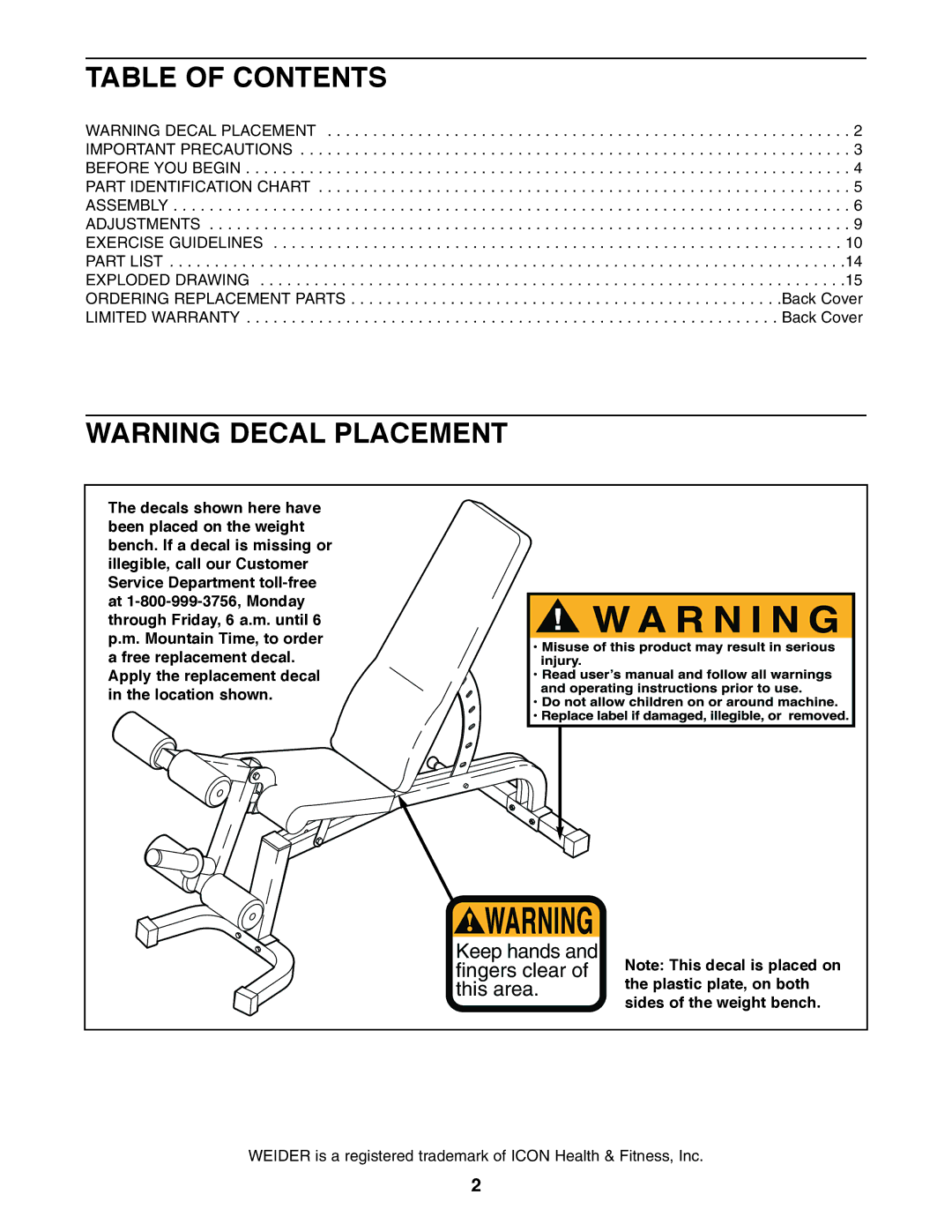 Weider Pro XT 10 user manual Table of Contents 