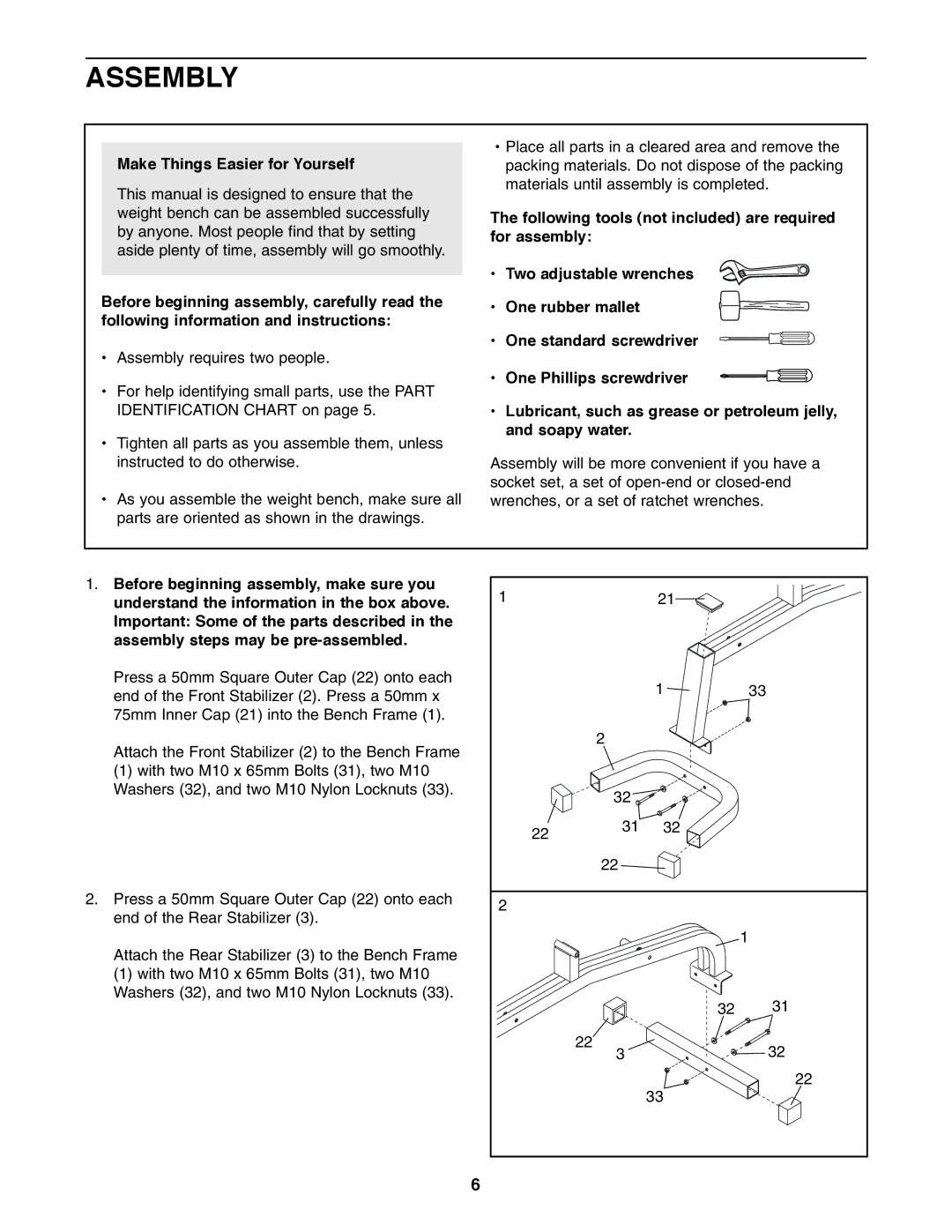 Weider Pro XT 10 user manual Assembly, Make Things Easier for Yourself 