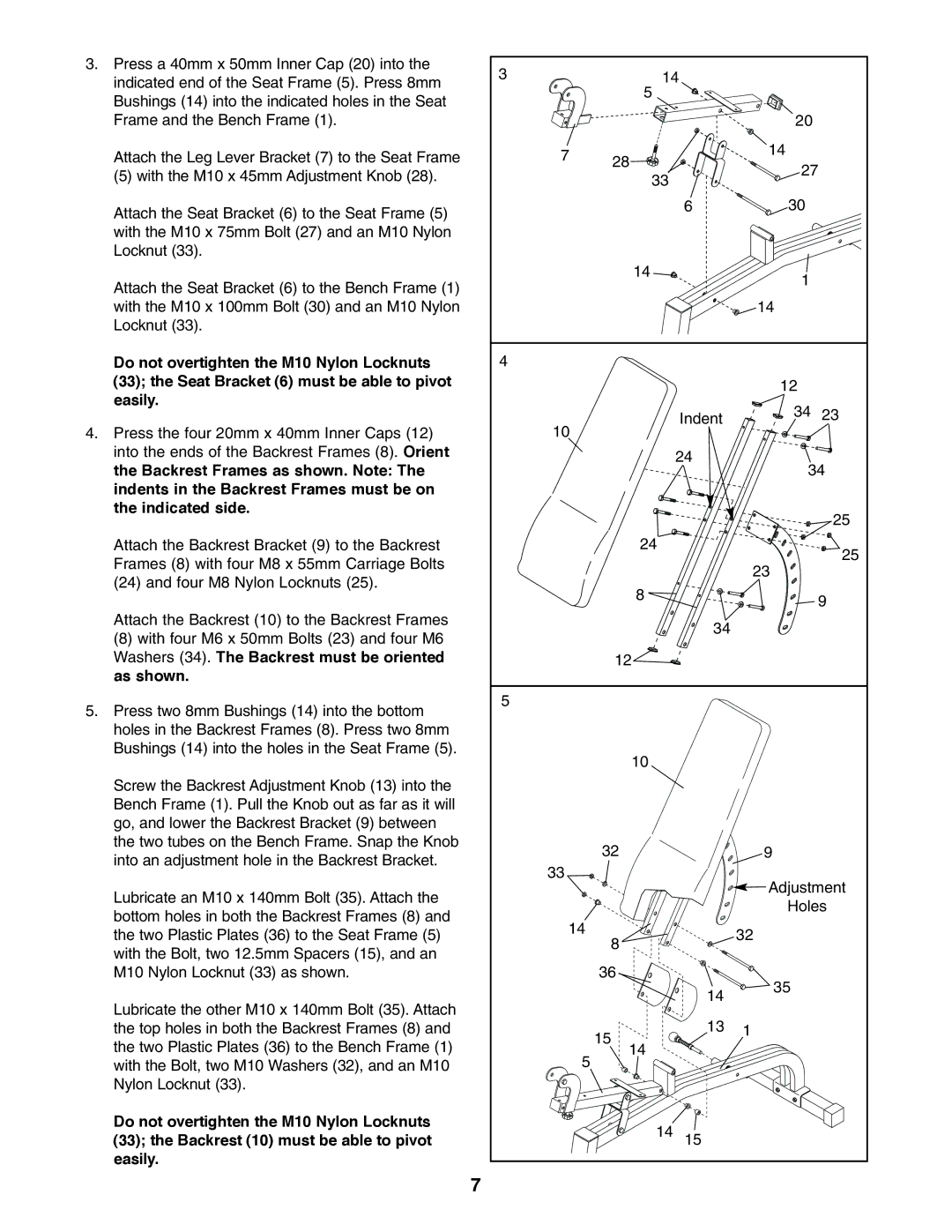 Weider Pro XT 10 user manual Indent Adjustment Holes 