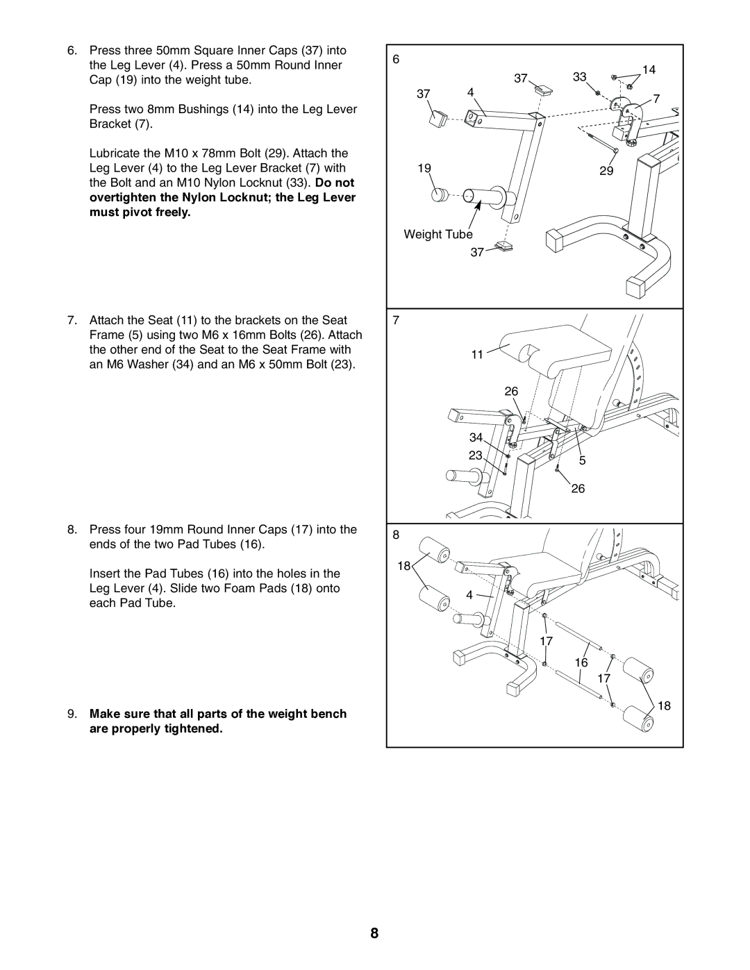 Weider Pro XT 10 user manual Weight Tube 