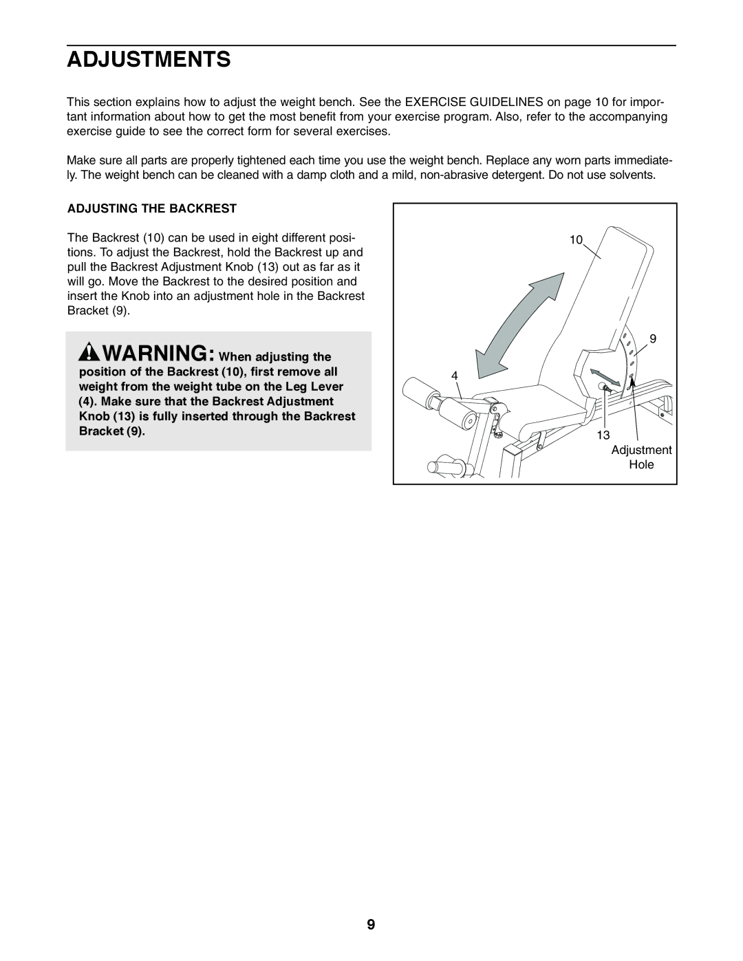 Weider Pro XT 10 user manual Adjustments, Adjusting the Backrest 