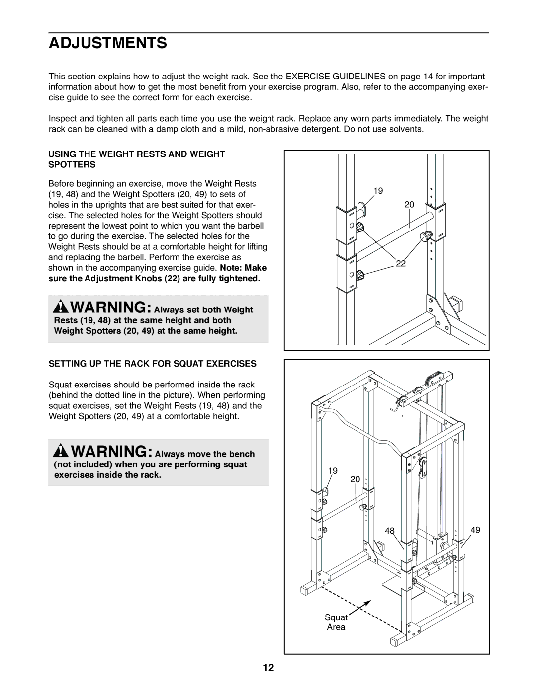 Weider PRO XT75 Adjustments, Using the Weight Rests and Weight Spotters, Setting UP the Rack for Squat Exercises 