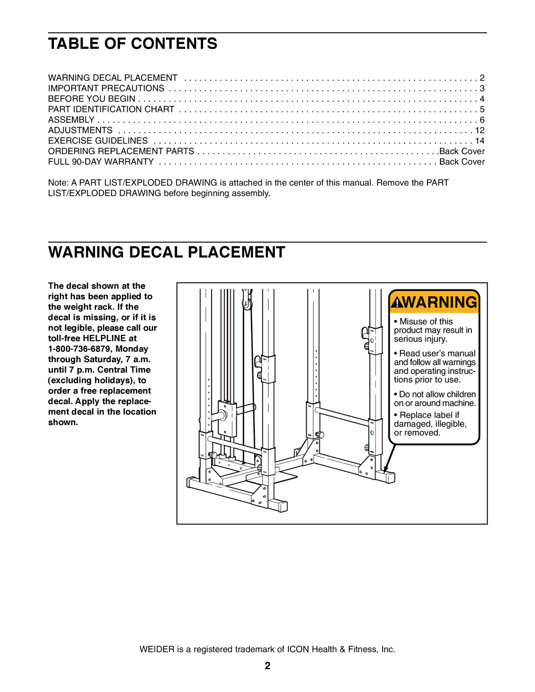 Weider PRO XT75 user manual Table of Contents 