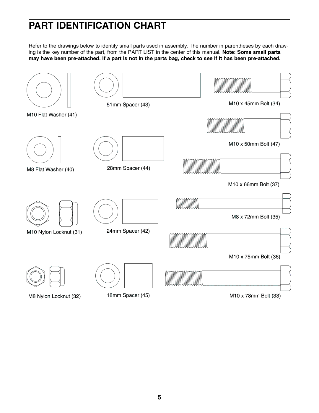 Weider PRO XT75 user manual Part Identification Chart 