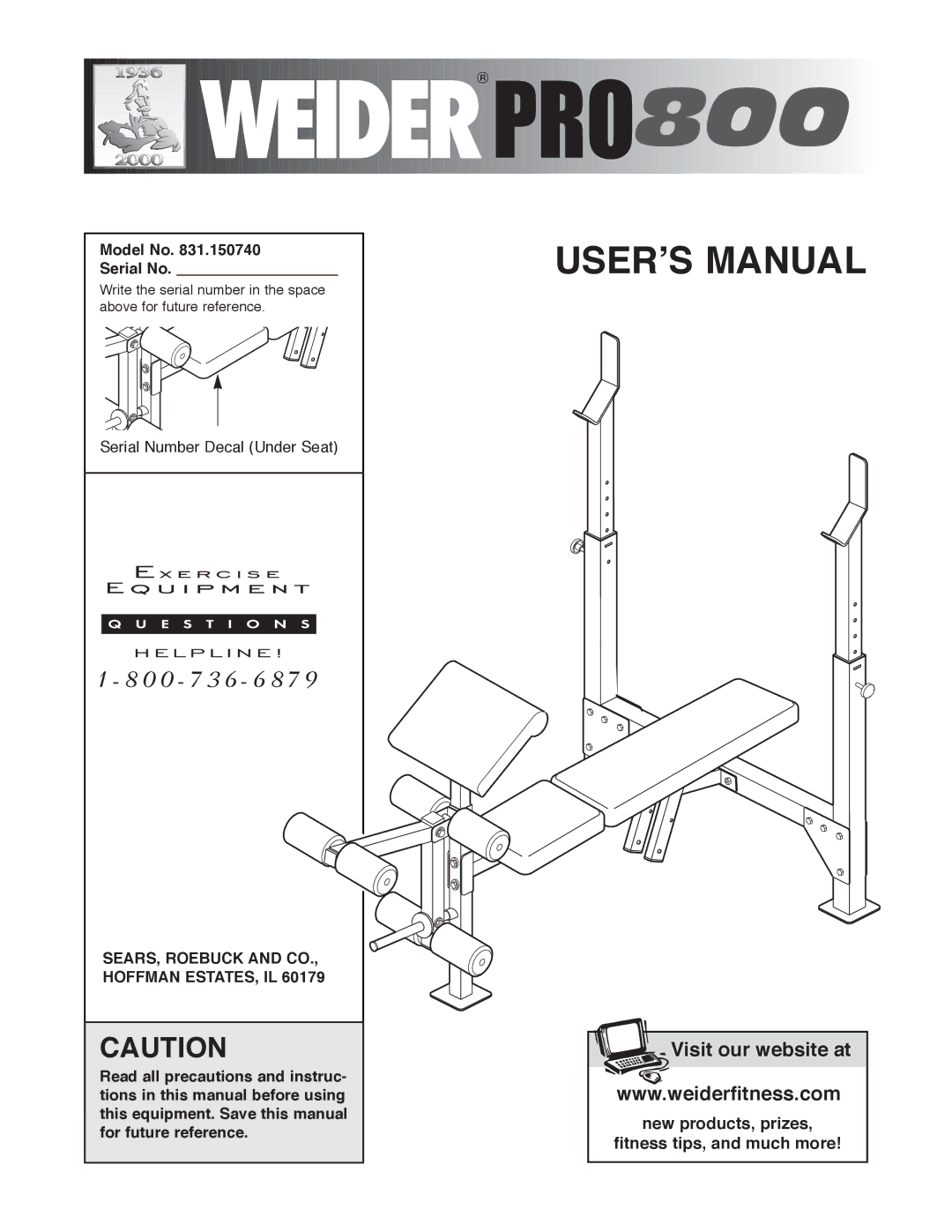 Weider PRO800 manual Model No Serial No, SEARS, Roebuck and CO., Hoffman ESTATES, IL 