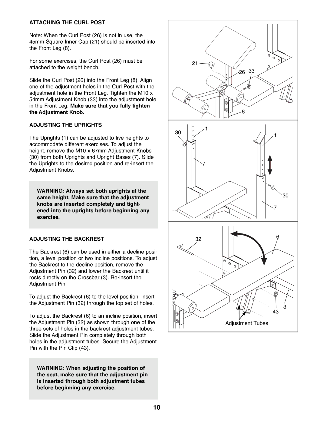 Weider PRO800 manual Attaching the Curl Post, Adjusting the Uprights, Adjusting the Backrest 