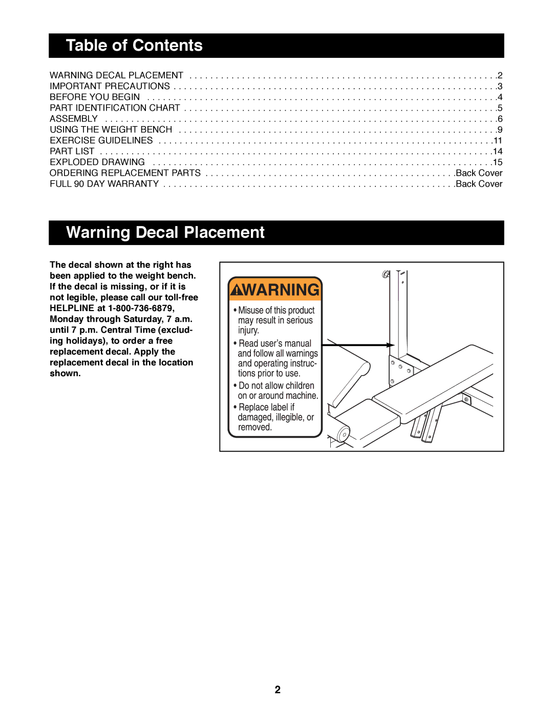 Weider PRO800 manual Table of Contents 