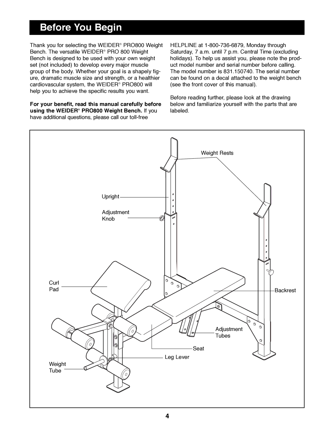 Weider PRO800 manual Before You Begin 