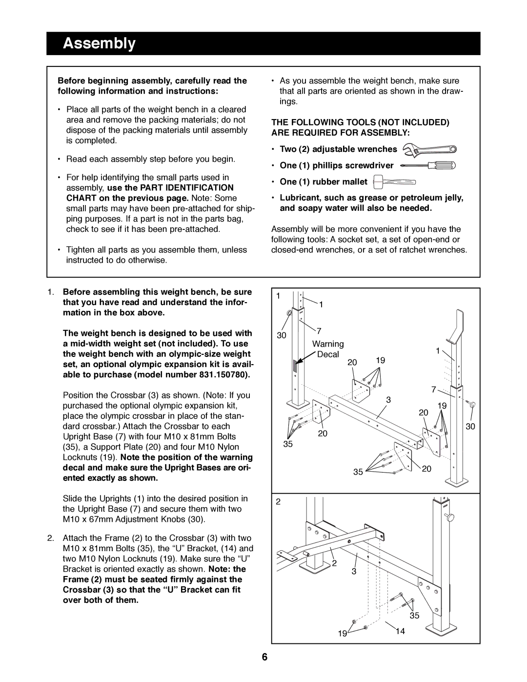 Weider PRO800 manual Following Tools not Included are Required for Assembly 