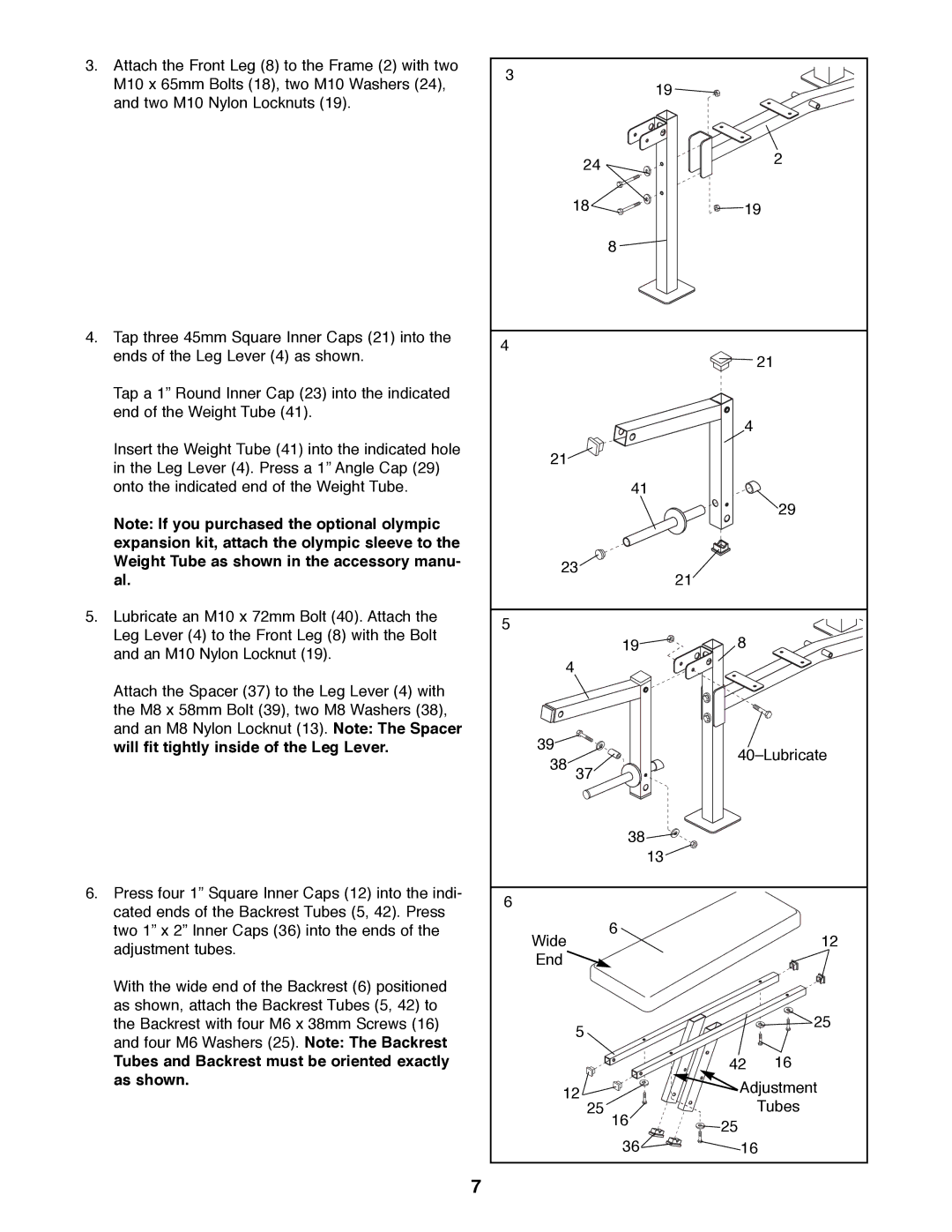 Weider PRO800 manual Tubes and Backrest must be oriented exactly as shown 