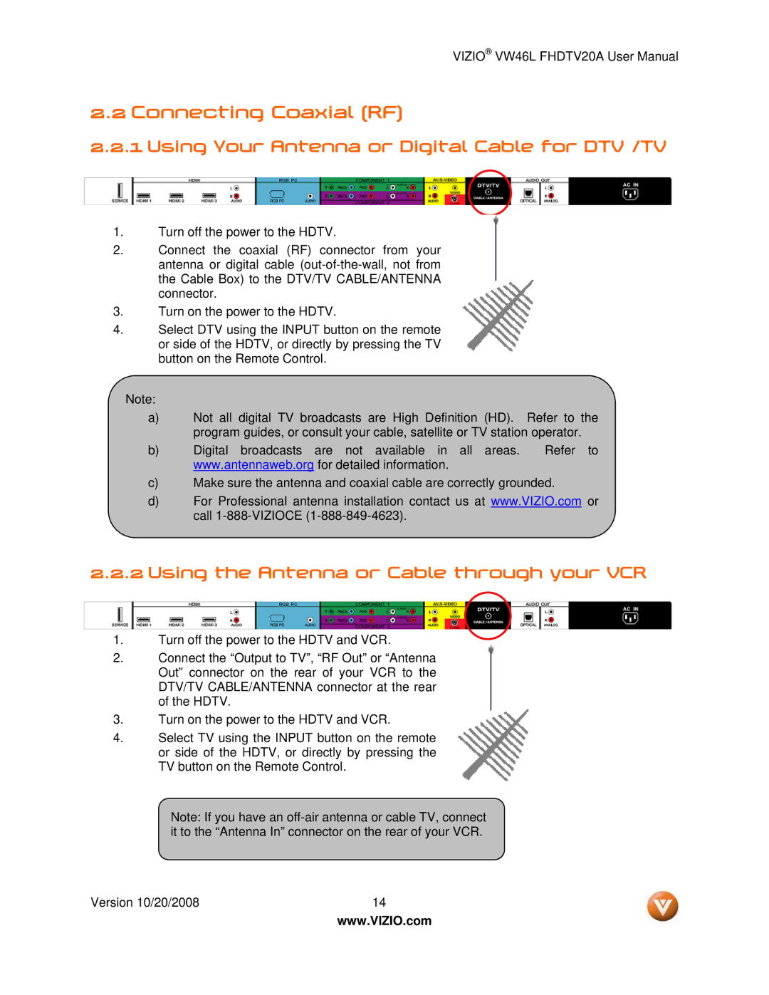 Weider VW46L user manual Connecting Coaxial RF, Using Your Antenna or Digital Cable for DTV /TV 