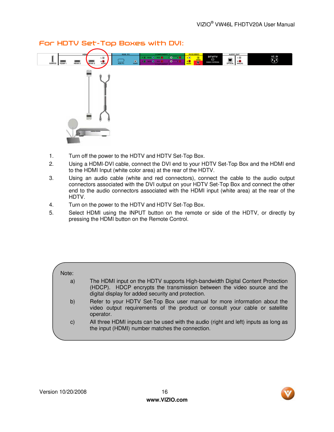 Weider VW46L user manual For Hdtv Set-Top Boxes with DVI 