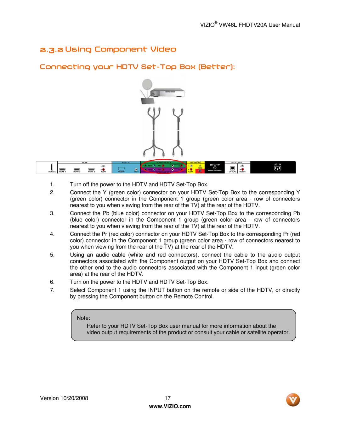 Weider VW46L user manual Using Component Video, Connecting your Hdtv Set-Top Box Better 