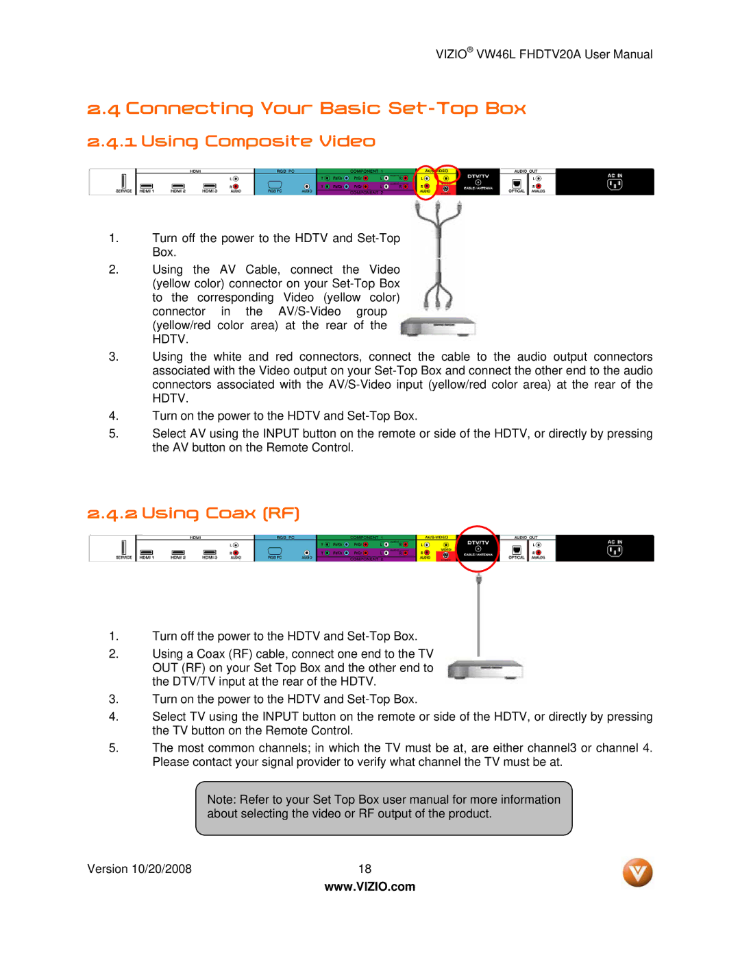 Weider VW46L user manual Connecting Your Basic Set-Top Box, Using Composite Video, Using Coax RF 