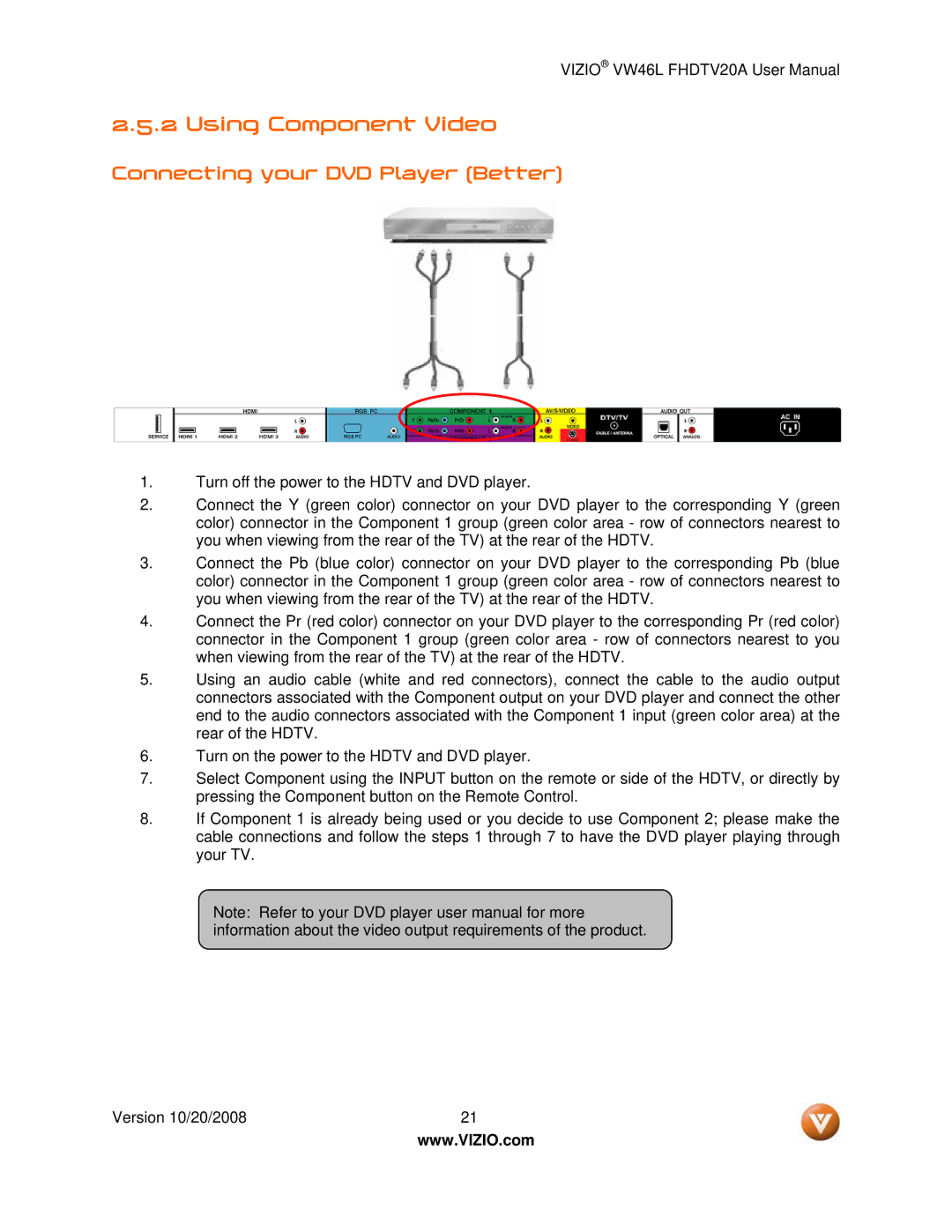 Weider VW46L user manual Using Component Video, Connecting your DVD Player Better 