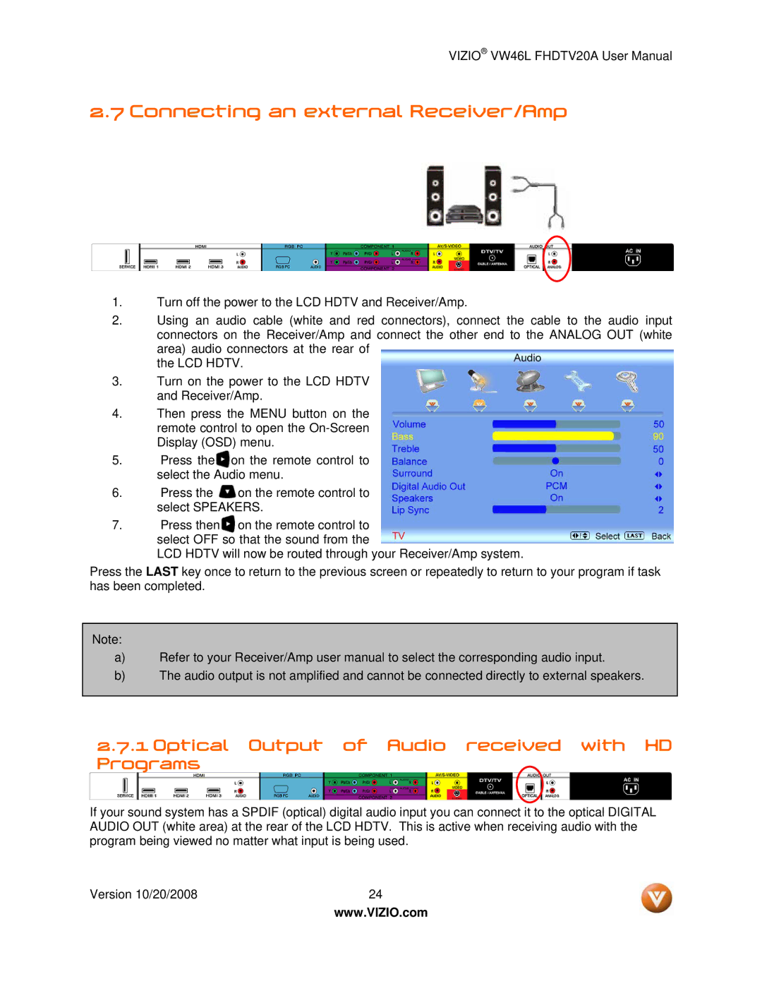 Weider VW46L user manual Connecting an external Receiver/Amp, Optical Output of Audio received with HD Programs 