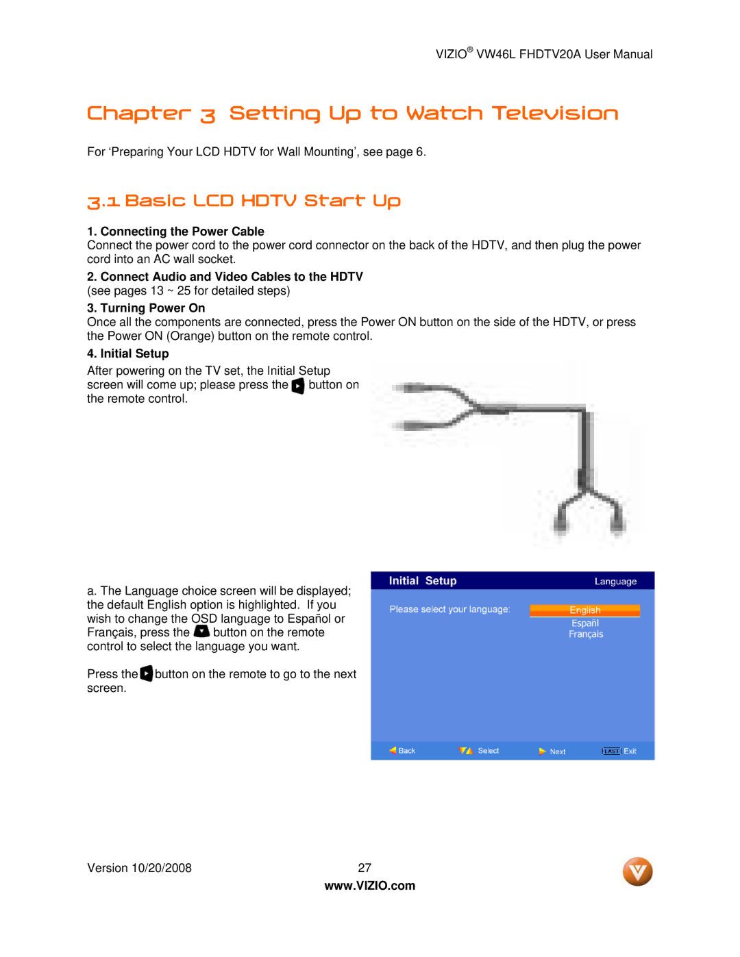 Weider VW46L user manual Basic LCD Hdtv Start Up, Connecting the Power Cable, Initial Setup 