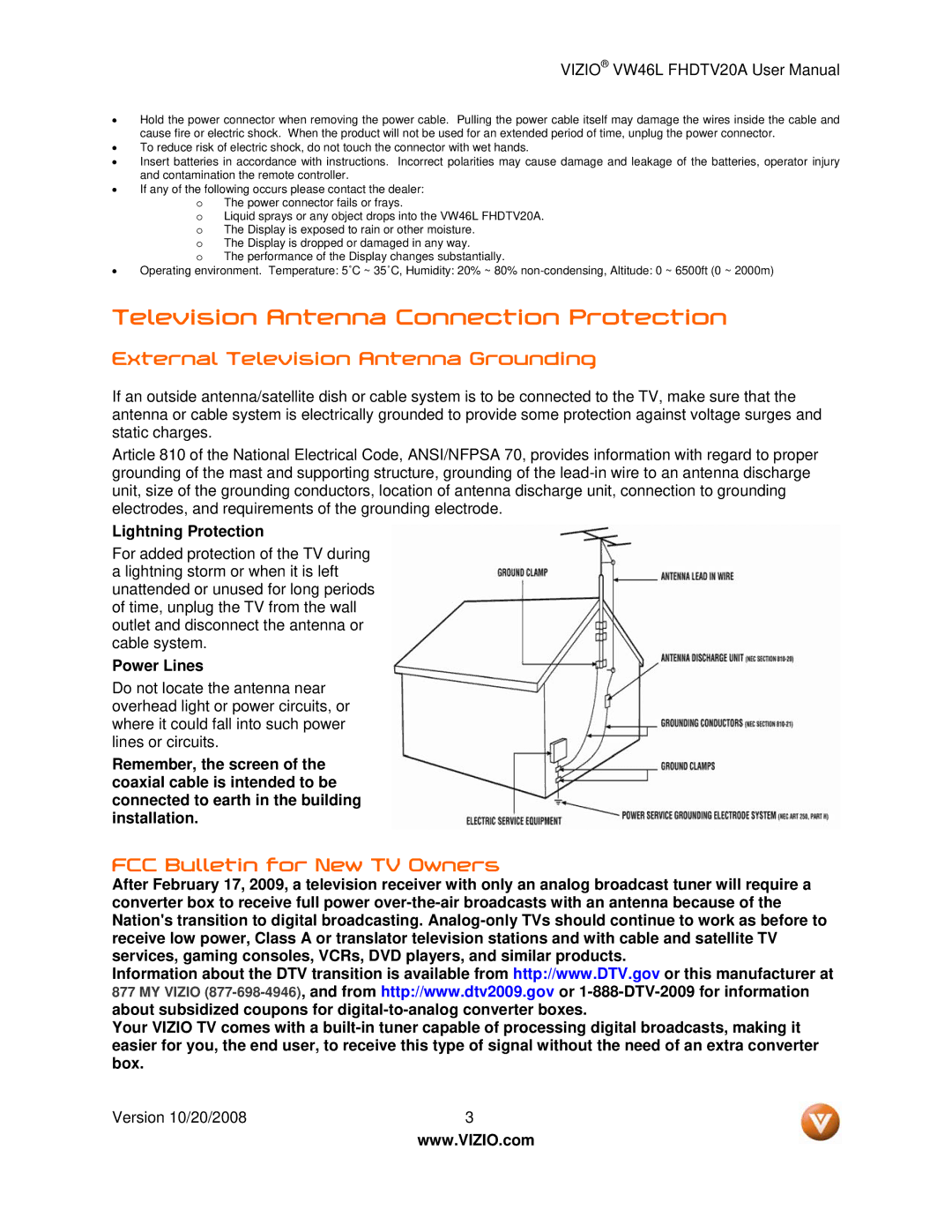 Weider VW46L Television Antenna Connection Protection, External Television Antenna Grounding, Lightning Protection 