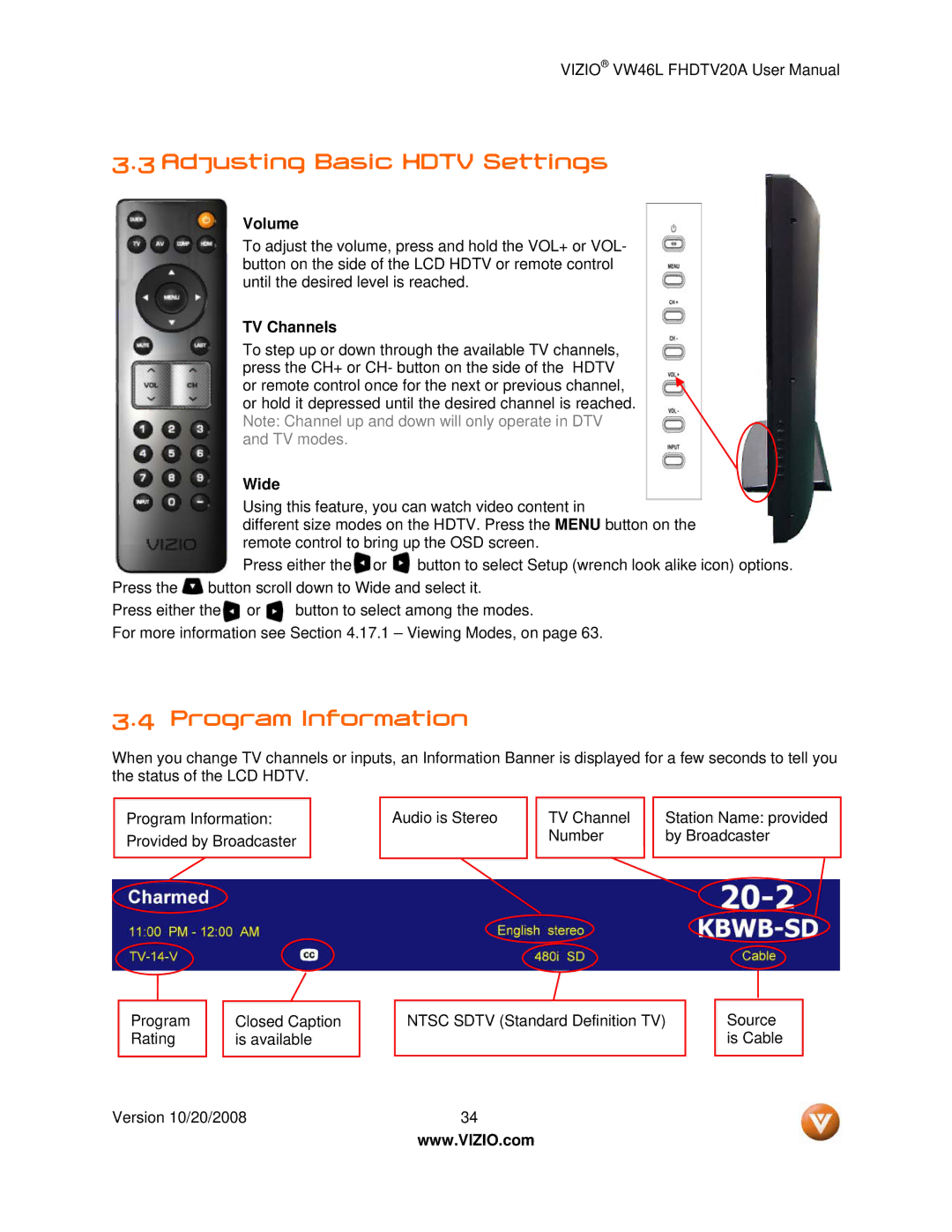 Weider VW46L user manual Adjusting Basic Hdtv Settings, Program Information, Volume, TV Channels, Wide 