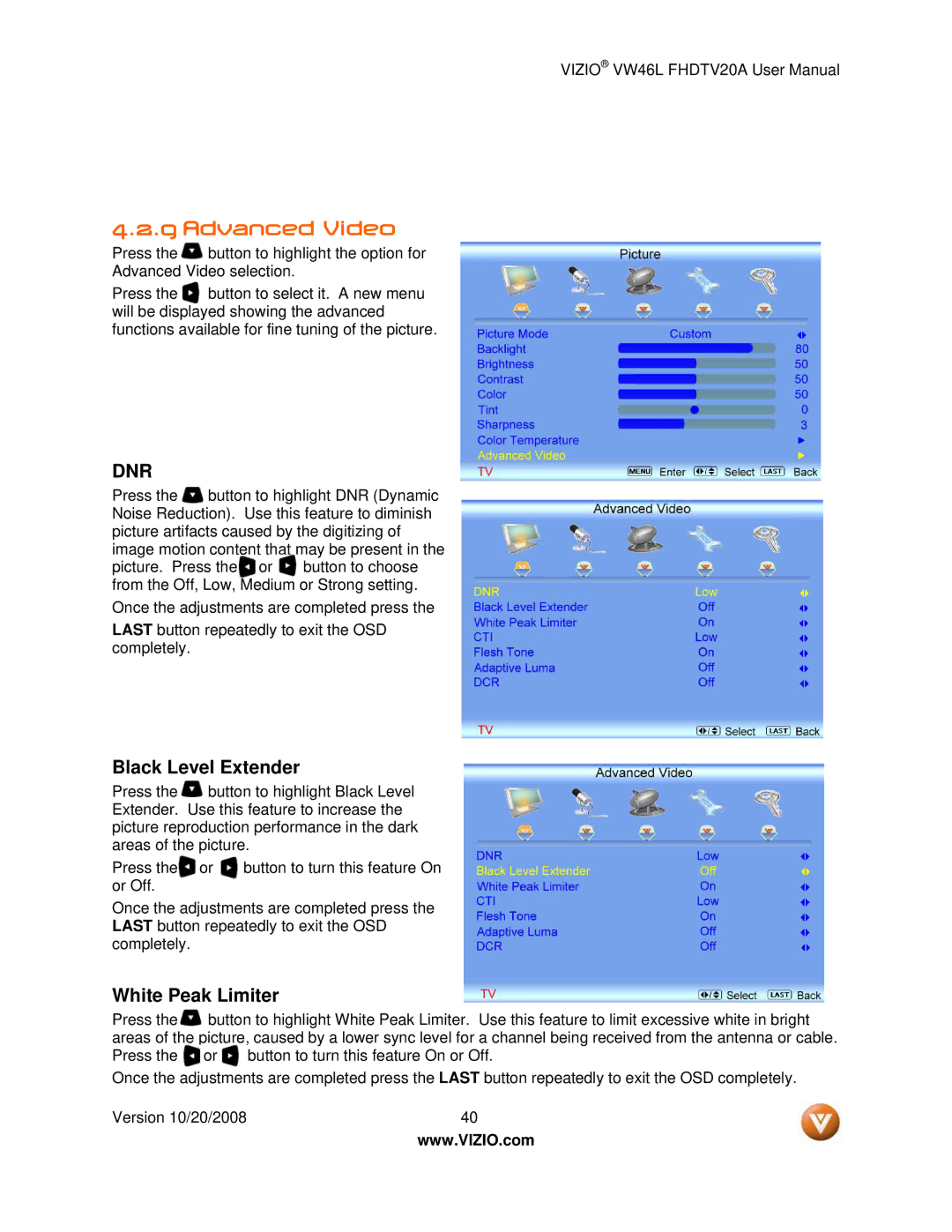 Weider VW46L user manual Advanced Video, Dnr 