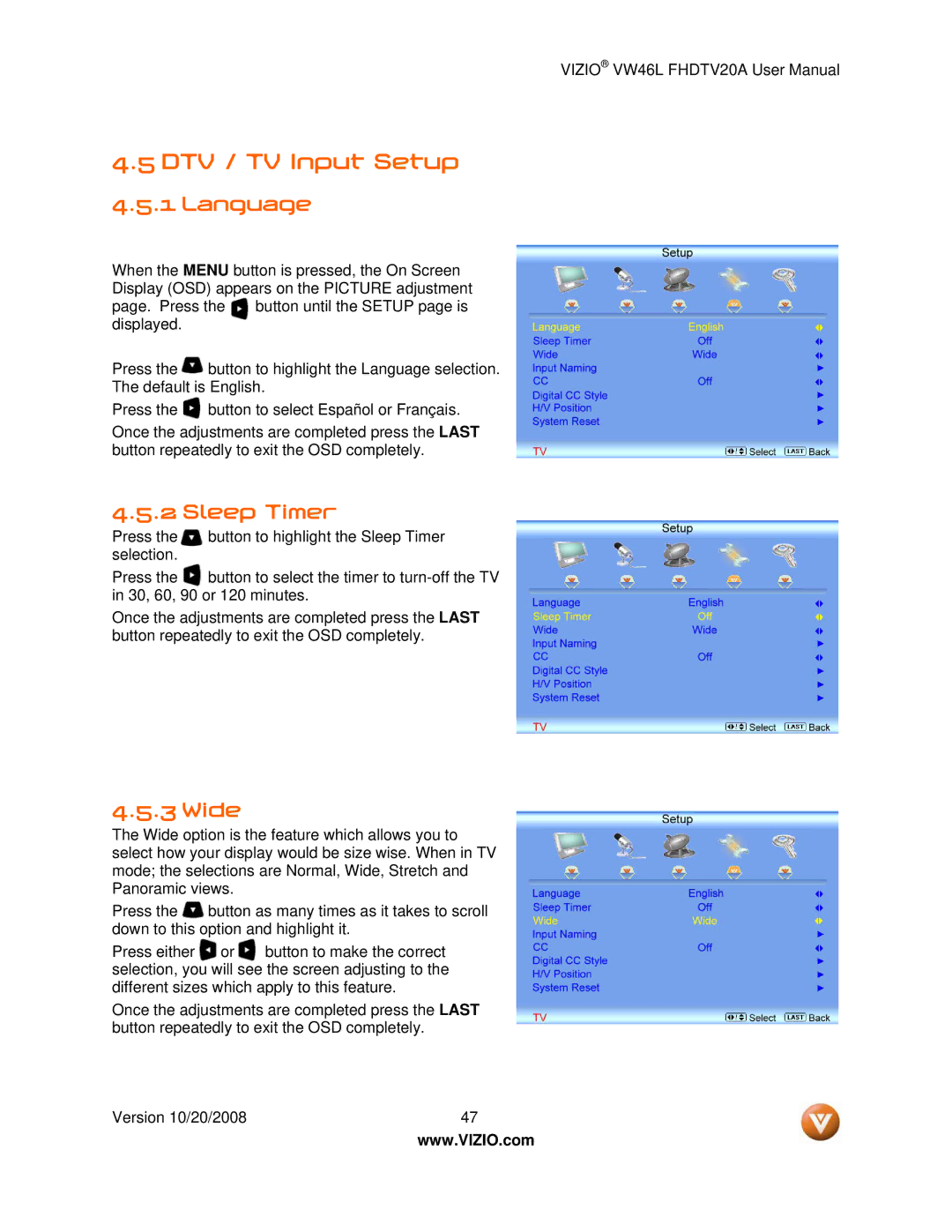 Weider VW46L user manual DTV / TV Input Setup, Language, Sleep Timer, Wide 