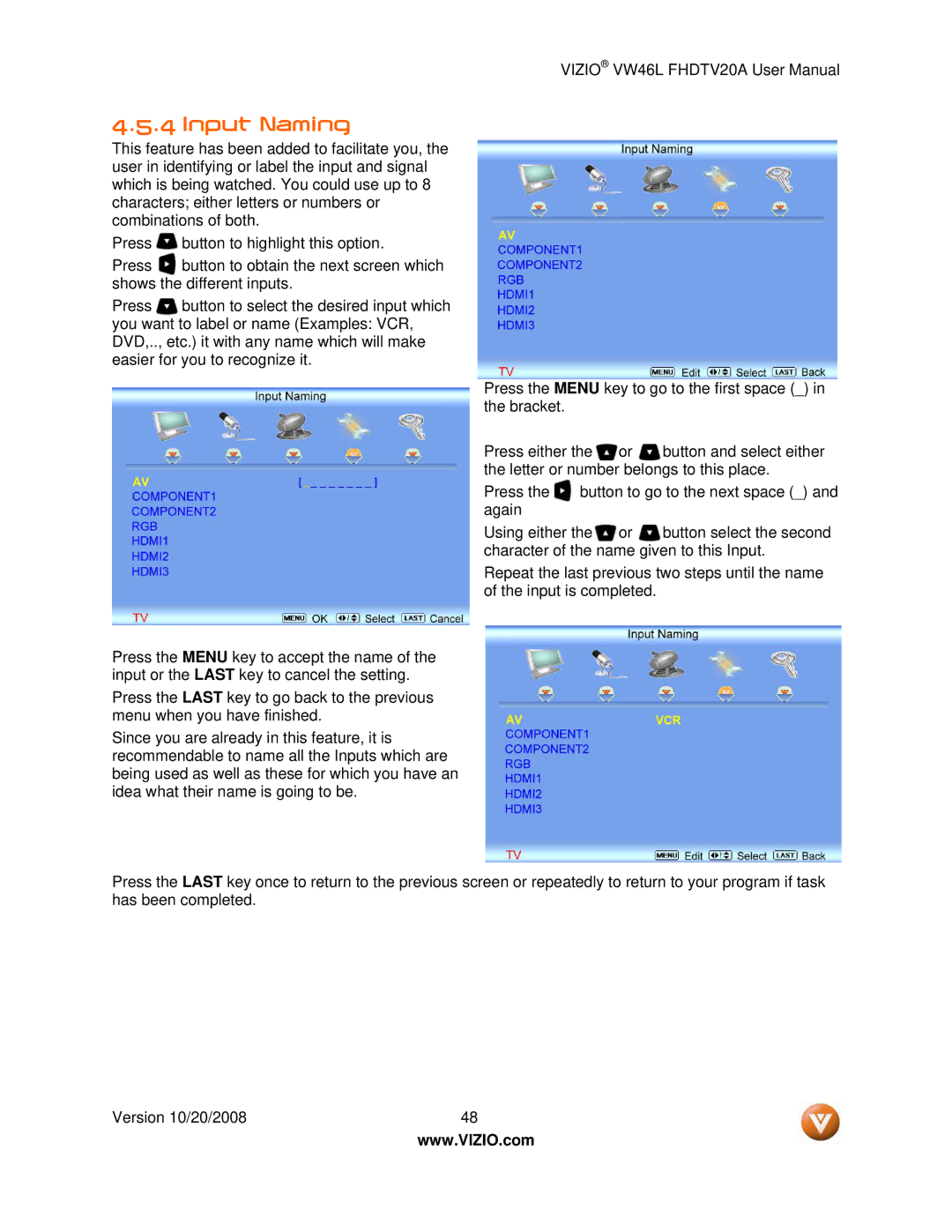 Weider VW46L user manual Input Naming 