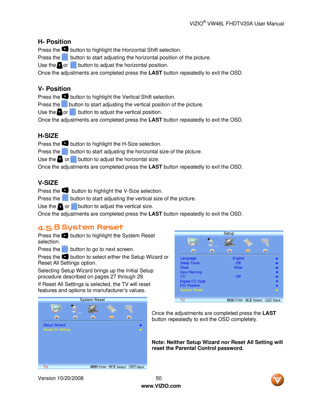 Weider VW46L user manual System Reset, Position 