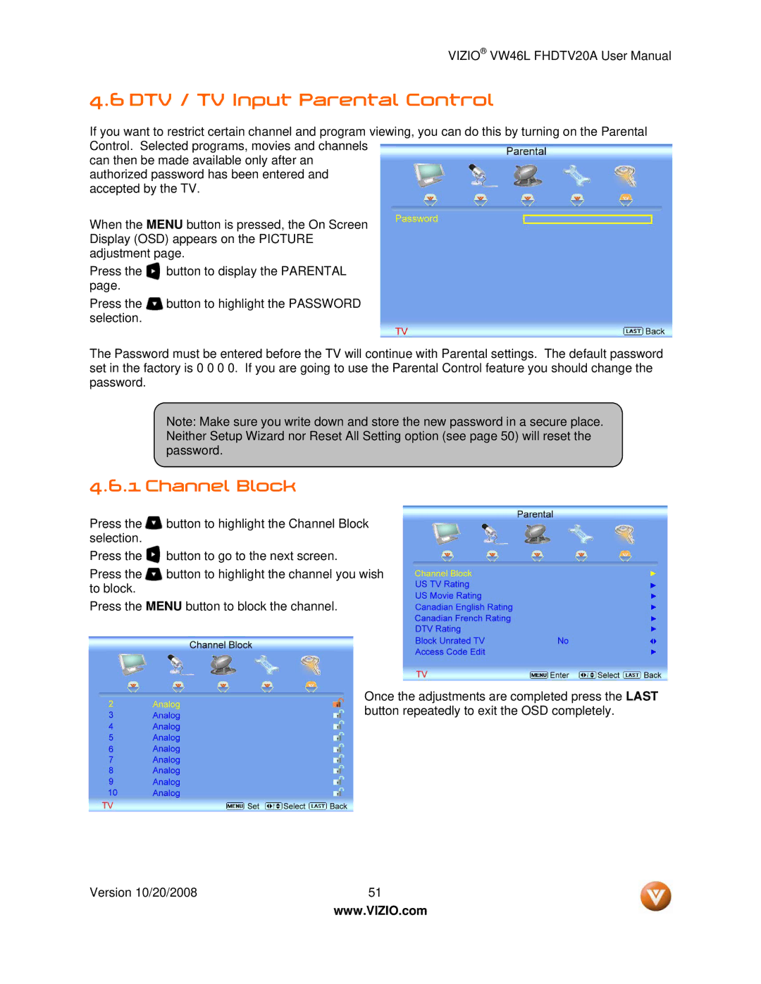 Weider VW46L user manual DTV / TV Input Parental Control, Channel Block 