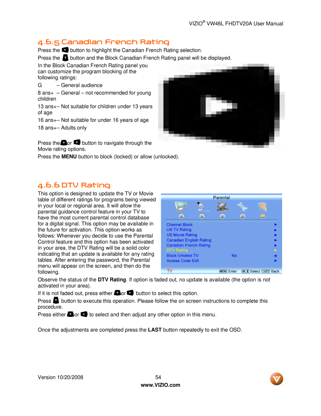 Weider VW46L user manual Canadian French Rating, DTV Rating 