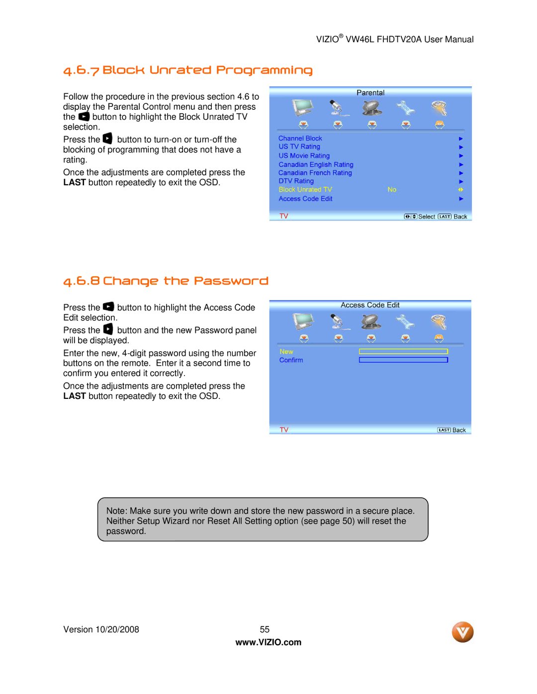 Weider VW46L user manual Block Unrated Programming, Change the Password 