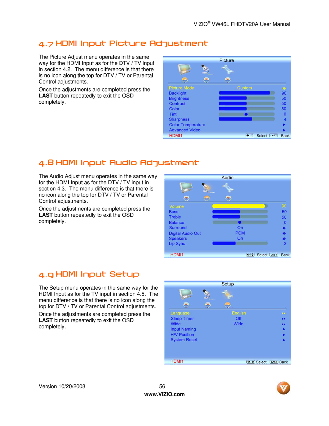 Weider VW46L user manual Hdmi Input Picture Adjustment, Hdmi Input Audio Adjustment, Hdmi Input Setup 