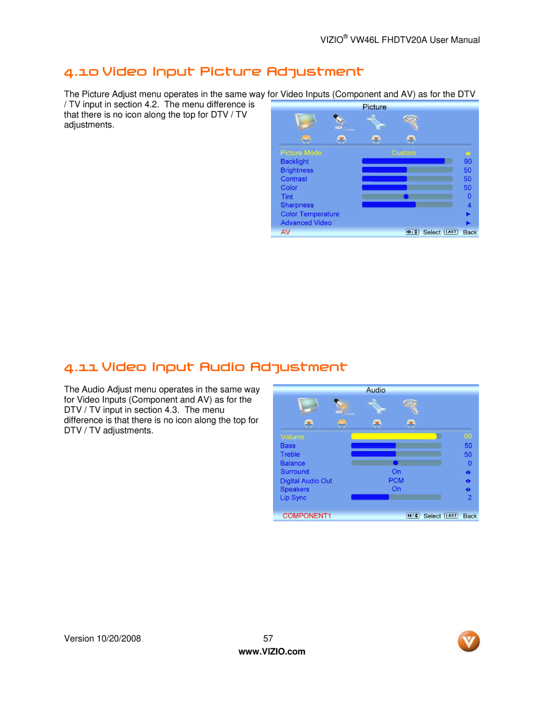 Weider VW46L user manual Video Input Picture Adjustment, Video Input Audio Adjustment 