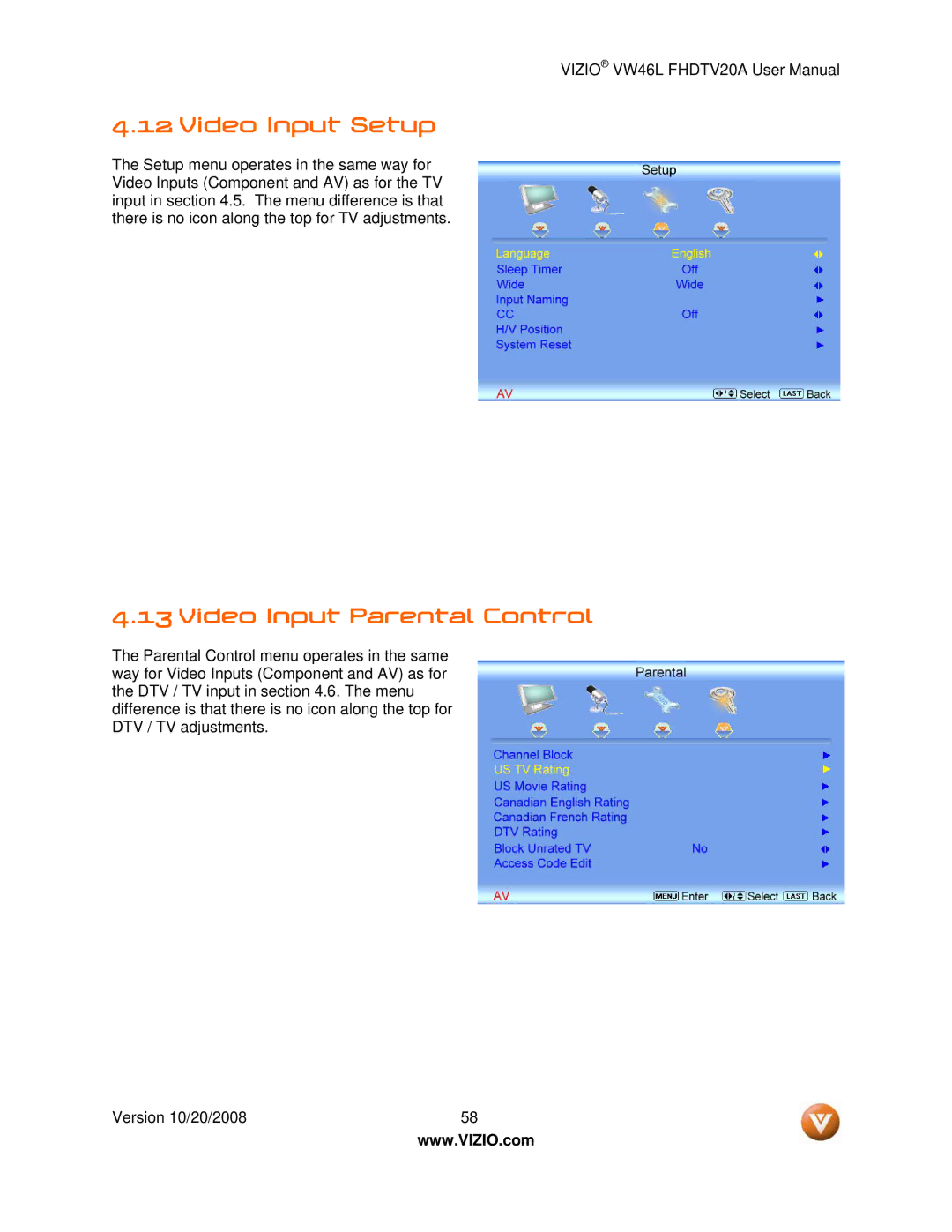 Weider VW46L user manual Video Input Setup, Video Input Parental Control 