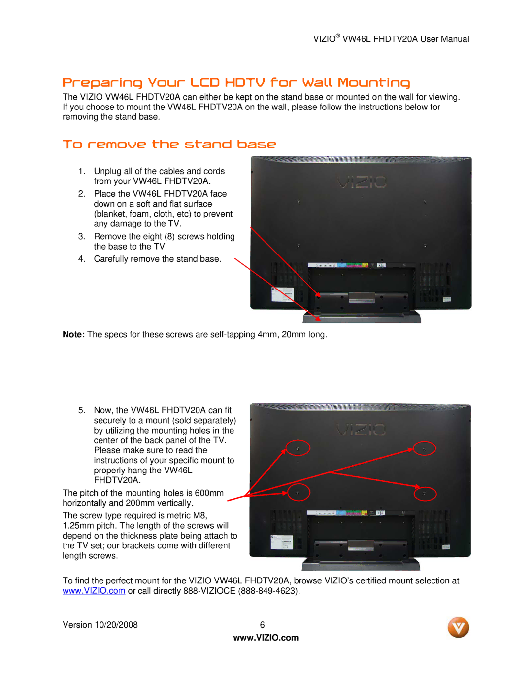 Weider VW46L user manual Preparing Your LCD Hdtv for Wall Mounting, To remove the stand base 